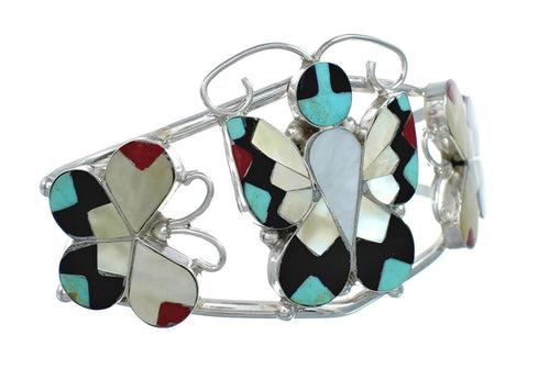Zuni Indian Multicolor Sterling Silver Butterfly Inlay Cuff Bracelet NN20139